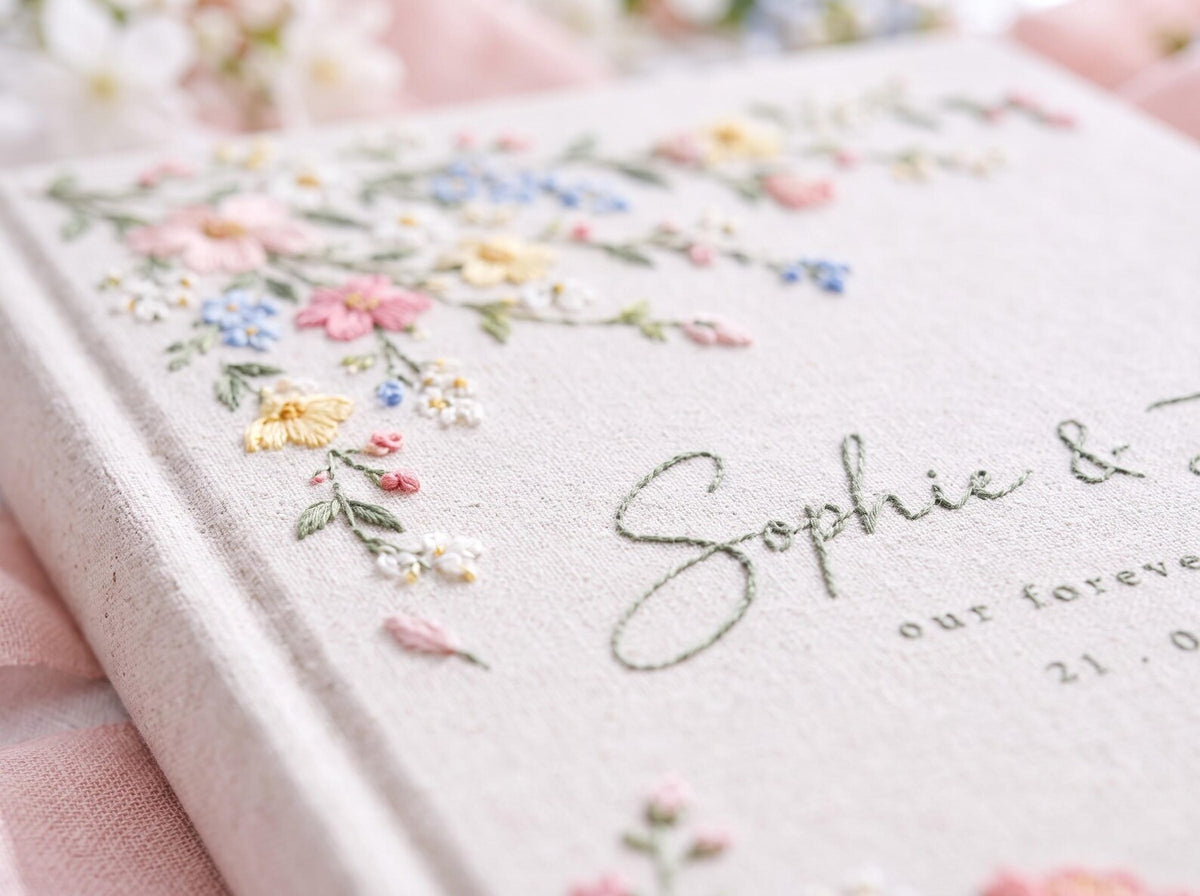 Personalized Wildflower Wedding Guest Book, Hand Embroidered Pink Daisy Floral Linen Cover, Garden Meadow Design, Custom Names and Date