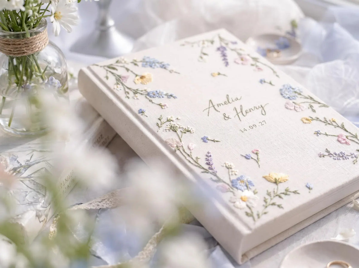 Custom Hand Embroidered Wildflower Wedding Guest Book, Pastel Floral Linen Photo Album, Personalized Memory Book, Bridal Keepsake Gift Idea