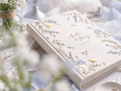 Custom Hand Embroidered Wildflower Wedding Guest Book, Pastel Floral Linen Photo Album, Personalized Memory Book, Bridal Keepsake Gift Idea