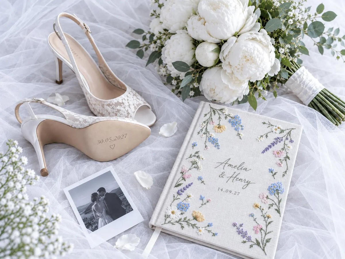 Custom Hand Embroidered Wildflower Wedding Guest Book, Pastel Floral Linen Photo Album, Personalized Memory Book, Bridal Keepsake Gift Idea
