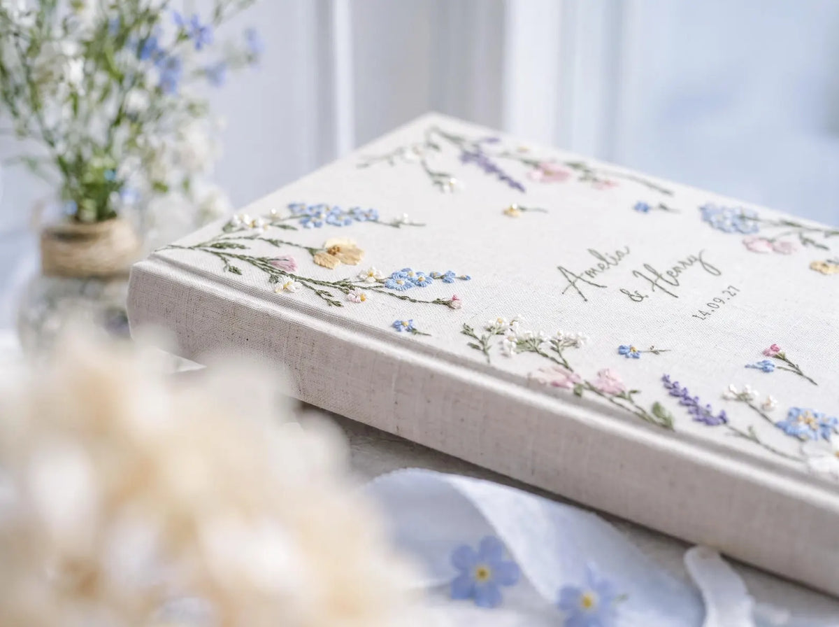 Custom Hand Embroidered Wildflower Wedding Guest Book, Pastel Floral Linen Photo Album, Personalized Memory Book, Bridal Keepsake Gift Idea