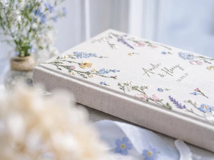 Custom Hand Embroidered Wildflower Wedding Guest Book, Pastel Floral Linen Photo Album, Personalized Memory Book, Bridal Keepsake Gift Idea