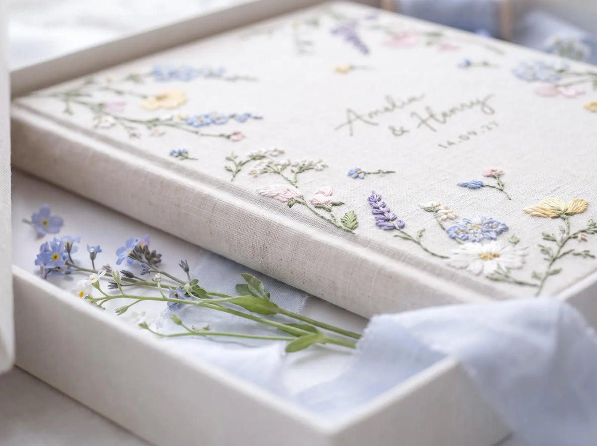 Custom Hand Embroidered Wildflower Wedding Guest Book, Pastel Floral Linen Photo Album, Personalized Memory Book, Bridal Keepsake Gift Idea