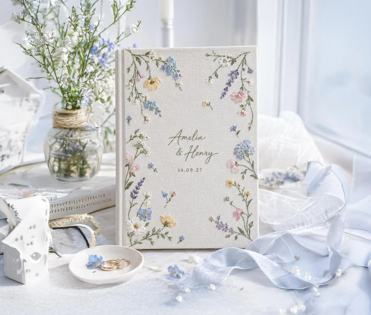 Custom Hand Embroidered Wildflower Wedding Guest Book, Pastel Floral Linen Photo Album, Personalized Memory Book, Bridal Keepsake Gift Idea