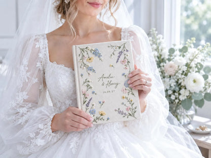 Custom Hand Embroidered Wildflower Wedding Guest Book, Pastel Floral Linen Photo Album, Personalized Memory Book, Bridal Keepsake Gift Idea