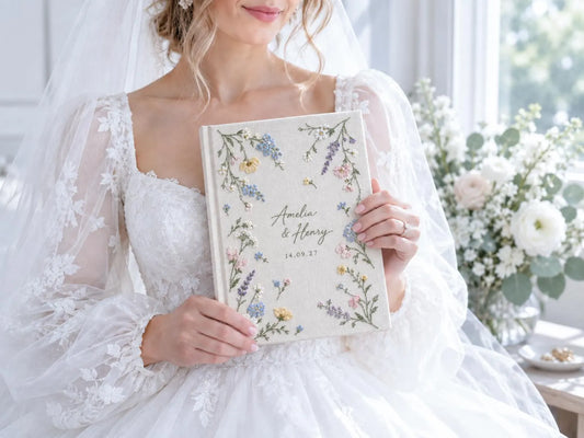 Custom Hand Embroidered Wildflower Wedding Guest Book, Pastel Floral Linen Photo Album, Personalized Memory Book, Bridal Keepsake Gift Idea