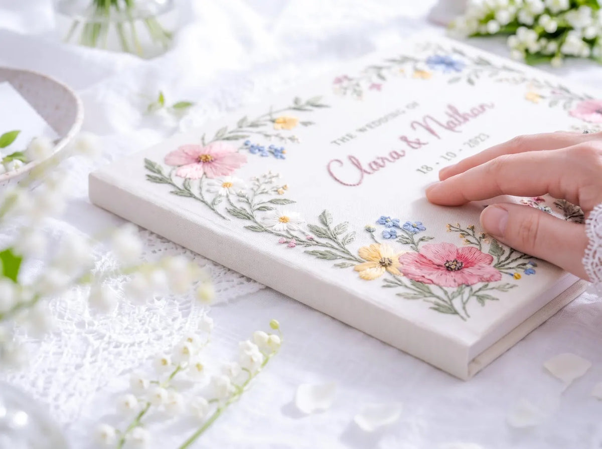 Custom Hand Embroidered Wildflower Wedding Guest Book, Pastel Floral Linen Photo Album, Personalized Memory Book, Wedding Keepsake Gift