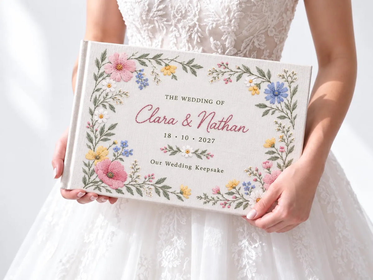 Custom Hand Embroidered Wildflower Wedding Guest Book, Pastel Floral Linen Photo Album, Personalized Memory Book, Wedding Keepsake Gift