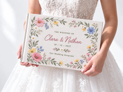 Custom Hand Embroidered Wildflower Wedding Guest Book, Pastel Floral Linen Photo Album, Personalized Memory Book, Wedding Keepsake Gift