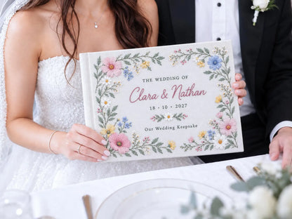 Custom Hand Embroidered Wildflower Wedding Guest Book, Pastel Floral Linen Photo Album, Personalized Memory Book, Wedding Keepsake Gift