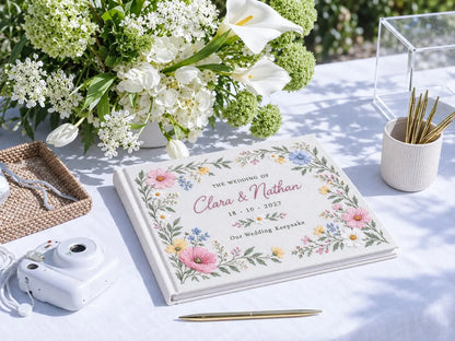 Custom Hand Embroidered Wildflower Wedding Guest Book, Pastel Floral Linen Photo Album, Personalized Memory Book, Wedding Keepsake Gift
