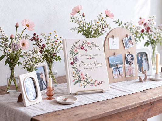Custom Hand Embroidered Wildflower Wedding Guest Book, Botanical Linen Photo Album, Personalized Memory Book, Wedding Keepsake, Bridal Gift