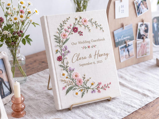 Custom Hand Embroidered Wildflower Wedding Guest Book, Botanical Linen Photo Album, Personalized Memory Book, Wedding Keepsake, Bridal Gift