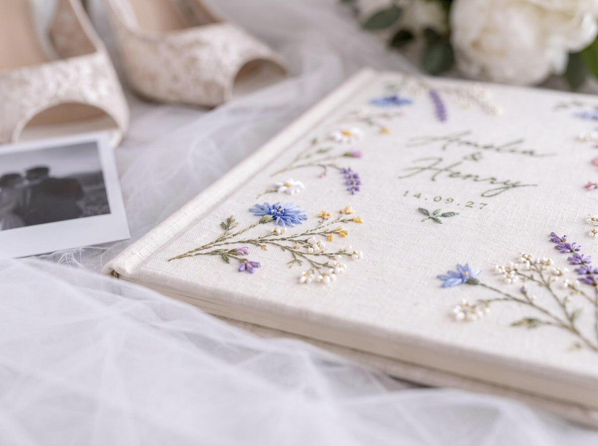Custom Hand Embroidered Wildflower Wedding Guest Book, Pastel Botanical Linen Photo Album, Personalized Memory Book, Bridal Keepsake Gift