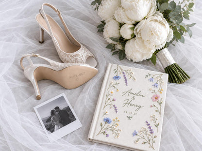 Custom Hand Embroidered Wildflower Wedding Guest Book, Pastel Botanical Linen Photo Album, Personalized Memory Book, Bridal Keepsake Gift