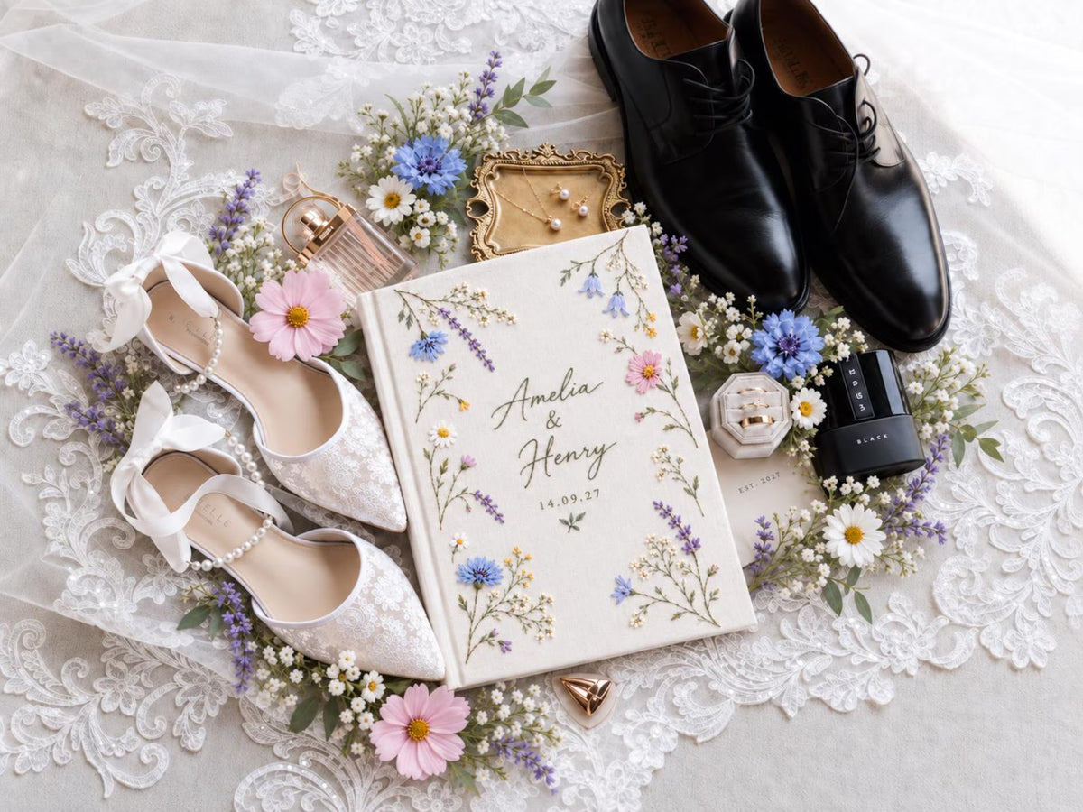 Custom Hand Embroidered Wildflower Wedding Guest Book, Pastel Botanical Linen Photo Album, Personalized Memory Book, Bridal Keepsake Gift