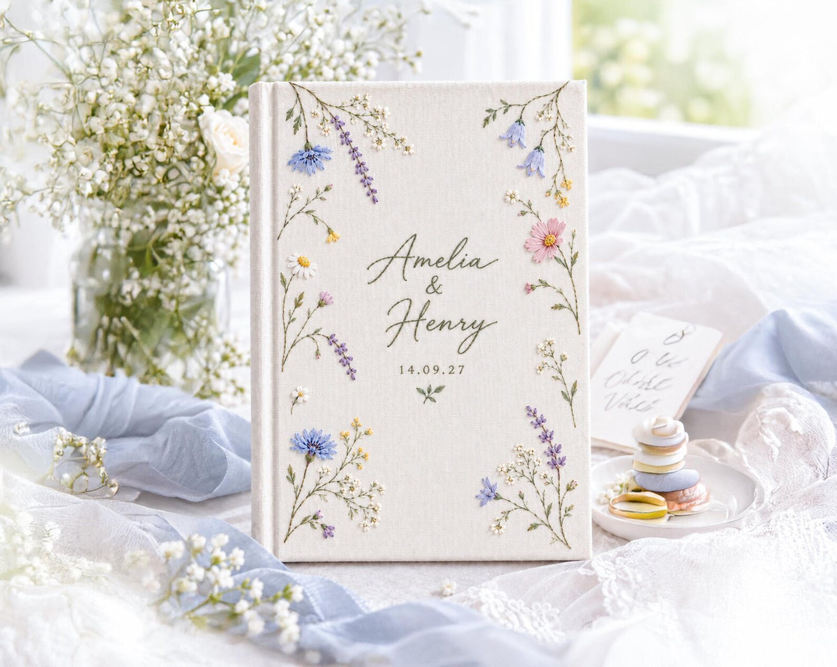 Custom Hand Embroidered Wildflower Wedding Guest Book, Pastel Botanical Linen Photo Album, Personalized Memory Book, Bridal Keepsake Gift