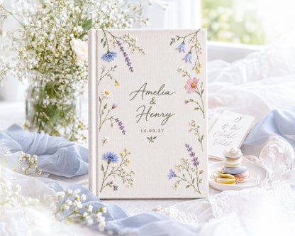 Custom Hand Embroidered Wildflower Wedding Guest Book, Pastel Botanical Linen Photo Album, Personalized Memory Book, Bridal Keepsake Gift