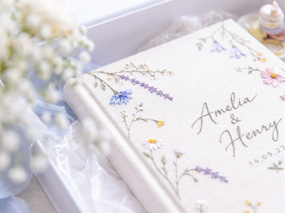 Custom Hand Embroidered Wildflower Wedding Guest Book, Pastel Botanical Linen Photo Album, Personalized Memory Book, Bridal Keepsake Gift