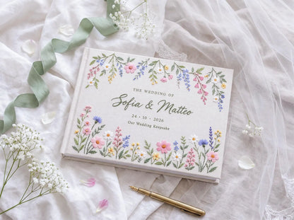Personalized Wildflower Wedding Guest Book, Hand Embroidered Floral Garland Linen Cover, Pastel Daisy Meadow Design, Custom Names and Date