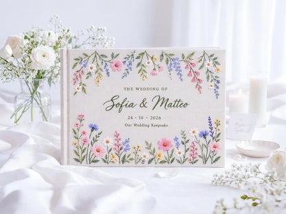Personalized Wildflower Wedding Guest Book, Hand Embroidered Floral Garland Linen Cover, Pastel Daisy Meadow Design, Custom Names and Date