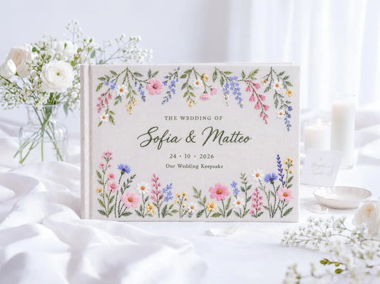 Personalized Wildflower Wedding Guest Book, Hand Embroidered Floral Garland Linen Cover, Pastel Daisy Meadow Design, Custom Names and Date