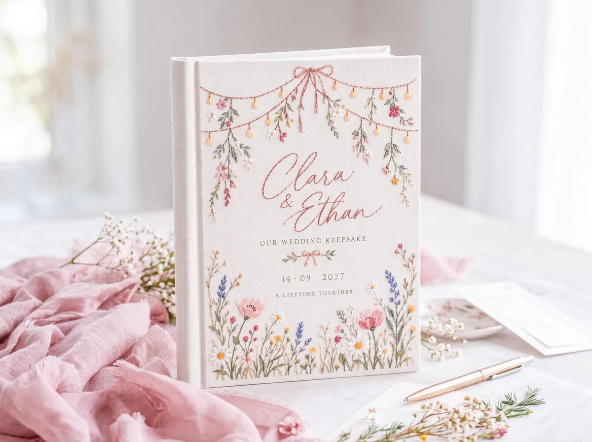Personalized Wildflower Wedding Guest Book, Hand Embroidered Floral Fairy Lights Linen Cover, Pink Floral Meadow, Custom Names and Date