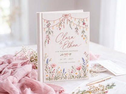 Personalized Wildflower Wedding Guest Book, Hand Embroidered Floral Fairy Lights Linen Cover, Pink Floral Meadow, Custom Names and Date
