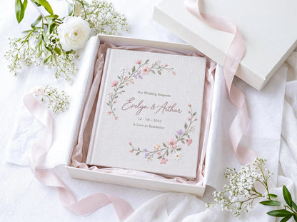 Personalized Floral Wedding Guest Book, Hand Embroidered Blush Pink Wildflower Wreath, Linen Wedding Keepsake, Custom Names and Date