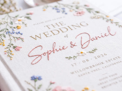 Personalized Wedding Guest Book, Hand Embroidered Wildflower Linen Guestbook, Floral Meadow Design, Custom Names and Date