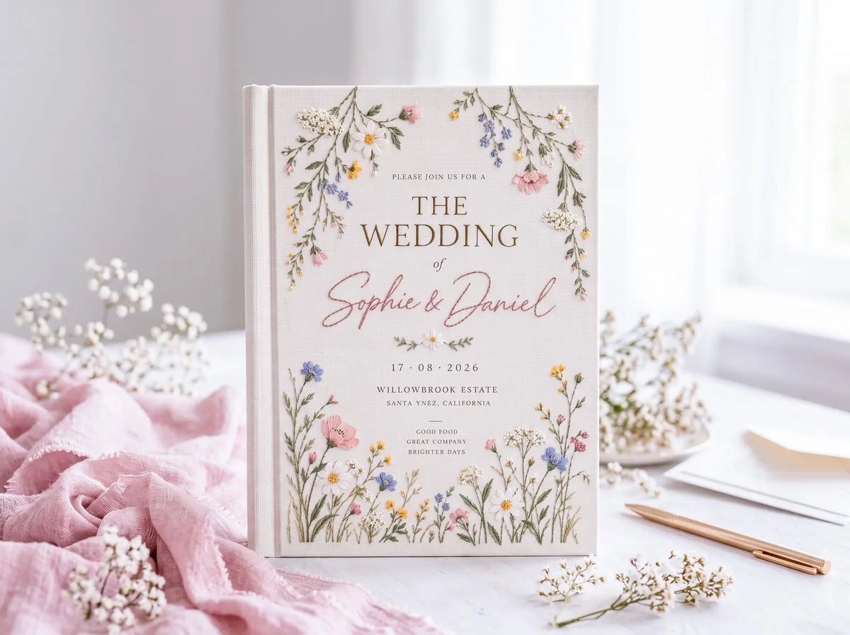 Personalized Wedding Guest Book, Hand Embroidered Wildflower Linen Guestbook, Floral Meadow Design, Custom Names and Date