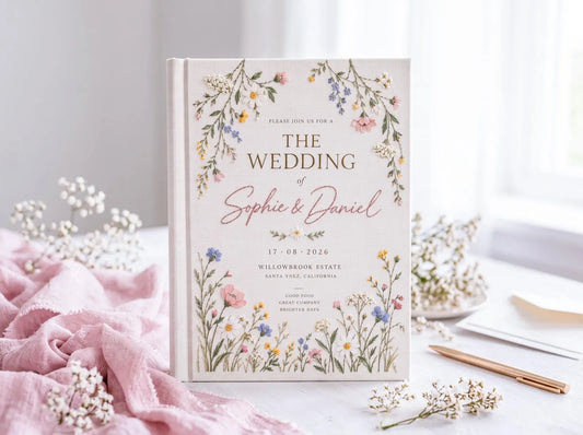 Personalized Wedding Guest Book, Hand Embroidered Wildflower Linen Guestbook, Floral Meadow Design, Custom Names and Date
