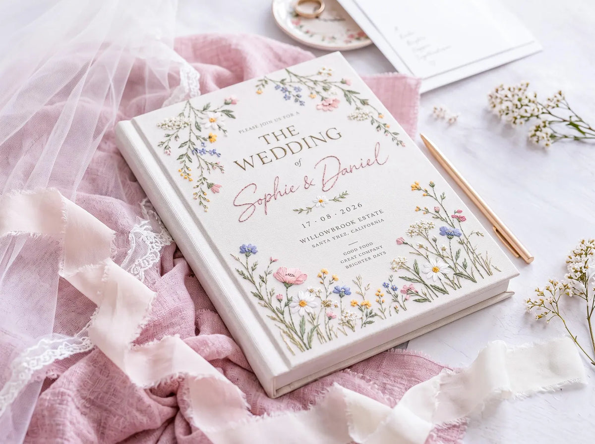 Personalized Wedding Guest Book, Hand Embroidered Wildflower Linen Guestbook, Floral Meadow Design, Custom Names and Date