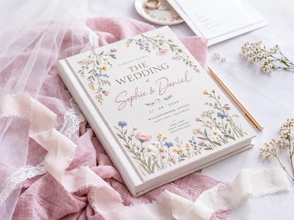 Personalized Wedding Guest Book, Hand Embroidered Wildflower Linen Guestbook, Floral Meadow Design, Custom Names and Date