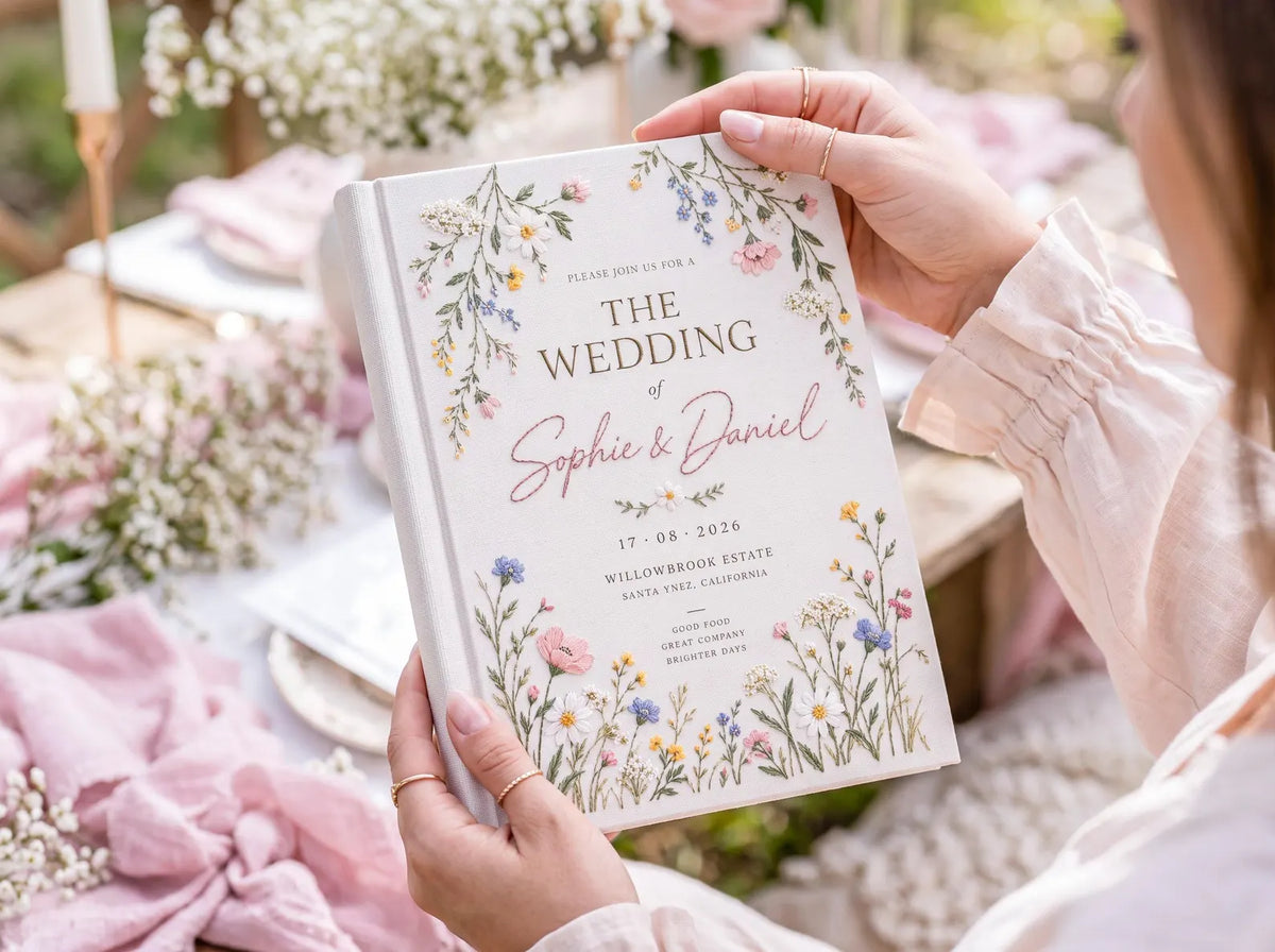 Personalized Wedding Guest Book, Hand Embroidered Wildflower Linen Guestbook, Floral Meadow Design, Custom Names and Date