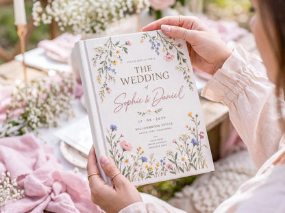 Personalized Wedding Guest Book, Hand Embroidered Wildflower Linen Guestbook, Floral Meadow Design, Custom Names and Date