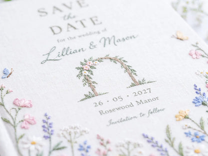 Personalized Save the Date Wedding Guest Book, Hand Embroidered Linen Guestbook, Wildflower Meadow Floral Arch Design, Custom Names and Date