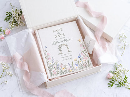 Personalized Save the Date Wedding Guest Book, Hand Embroidered Linen Guestbook, Wildflower Meadow Floral Arch Design, Custom Names and Date