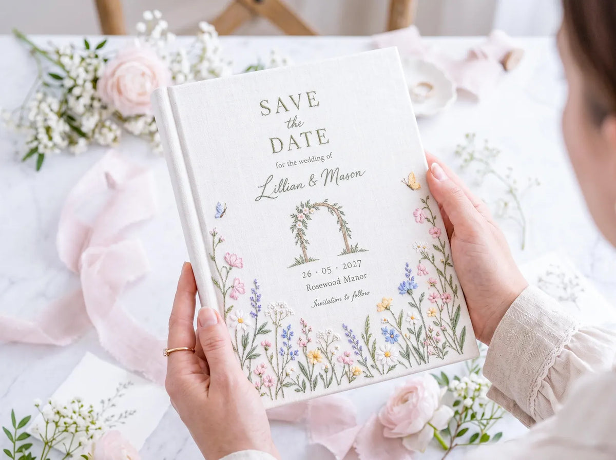 Personalized Save the Date Wedding Guest Book, Hand Embroidered Linen Guestbook, Wildflower Meadow Floral Arch Design, Custom Names and Date