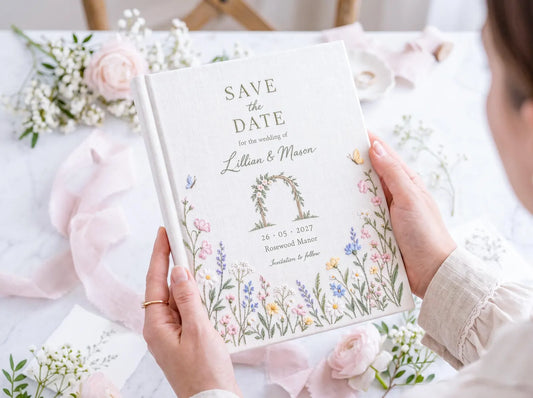 Personalized Save the Date Wedding Guest Book, Hand Embroidered Linen Guestbook, Wildflower Meadow Floral Arch Design, Custom Names and Date