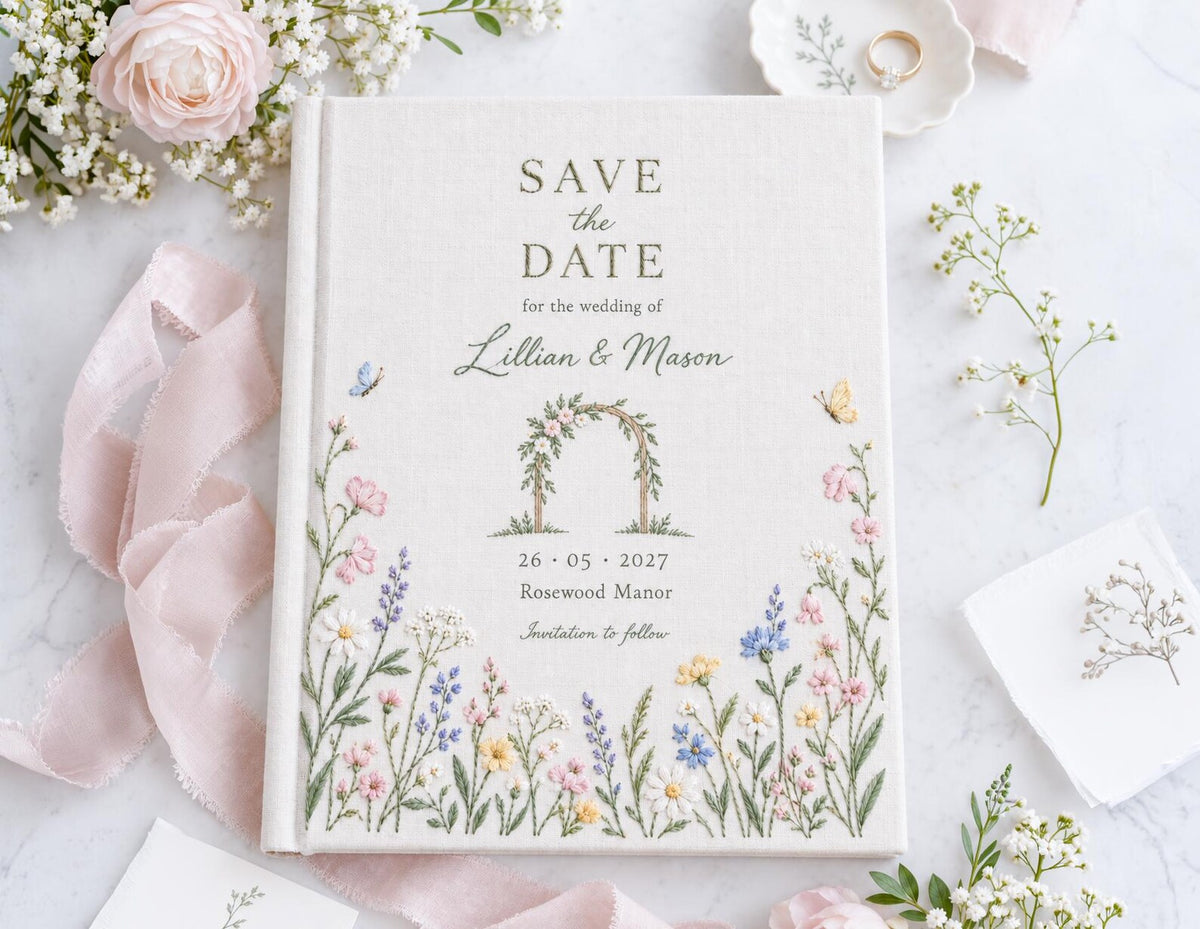 Personalized Save the Date Wedding Guest Book, Hand Embroidered Linen Guestbook, Wildflower Meadow Floral Arch Design, Custom Names and Date