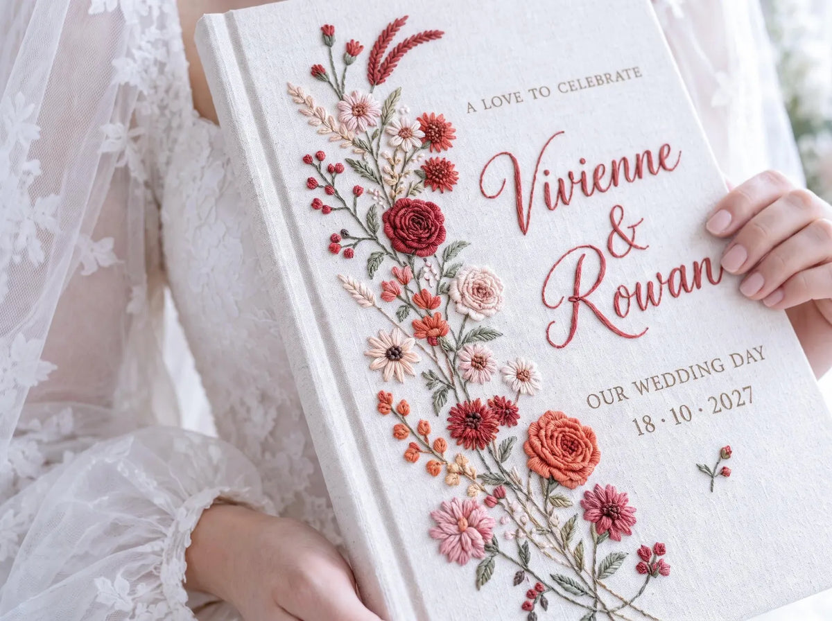 Custom Hand Embroidered Rose Wedding Guest Book, Personalized Linen Keepsake, Romantic Botanical Bridal Gift, Heirloom Wedding Memory Book