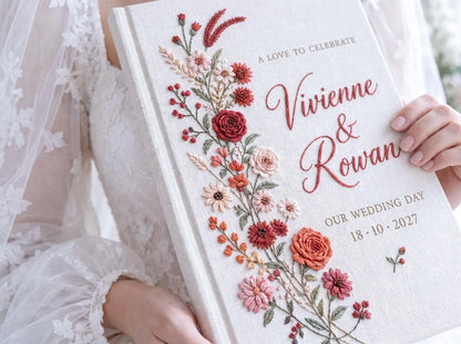Custom Hand Embroidered Rose Wedding Guest Book, Personalized Linen Keepsake, Romantic Botanical Bridal Gift, Heirloom Wedding Memory Book