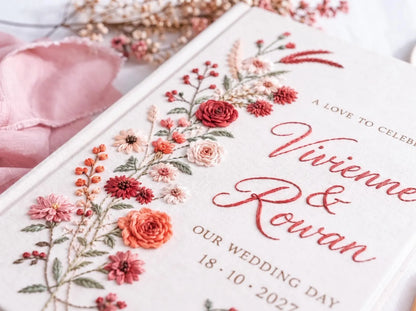 Custom Hand Embroidered Rose Wedding Guest Book, Personalized Linen Keepsake, Romantic Botanical Bridal Gift, Heirloom Wedding Memory Book