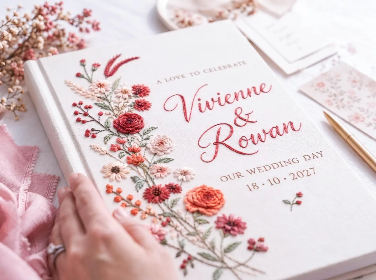 Custom Hand Embroidered Rose Wedding Guest Book, Personalized Linen Keepsake, Romantic Botanical Bridal Gift, Heirloom Wedding Memory Book