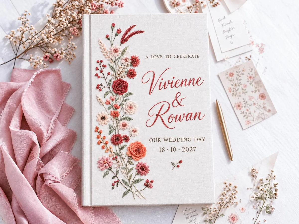 Custom Hand Embroidered Rose Wedding Guest Book, Personalized Linen Keepsake, Romantic Botanical Bridal Gift, Heirloom Wedding Memory Book