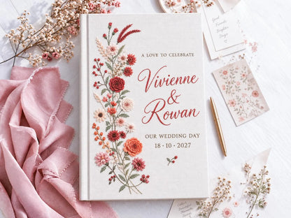 Custom Hand Embroidered Rose Wedding Guest Book, Personalized Linen Keepsake, Romantic Botanical Bridal Gift, Heirloom Wedding Memory Book