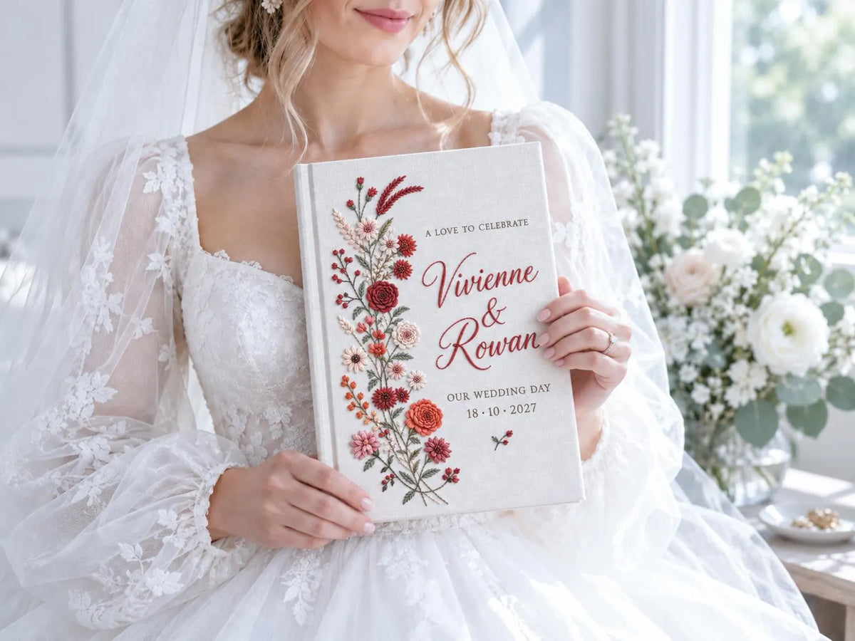 Custom Hand Embroidered Rose Wedding Guest Book, Personalized Linen Keepsake, Romantic Botanical Bridal Gift, Heirloom Wedding Memory Book