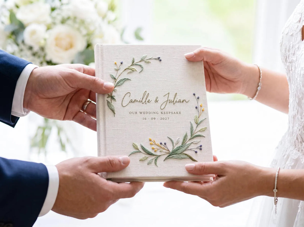 Custom Hand Embroidered Wildflower Wedding Guest Book, Personalized Linen Keepsake, Pastel Botanical Bridal Gift, Romantic Wedding Heirloom (Copy)