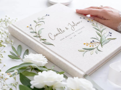 Custom Hand Embroidered Wildflower Wedding Guest Book, Personalized Linen Keepsake, Pastel Botanical Bridal Gift, Romantic Wedding Heirloom (Copy)